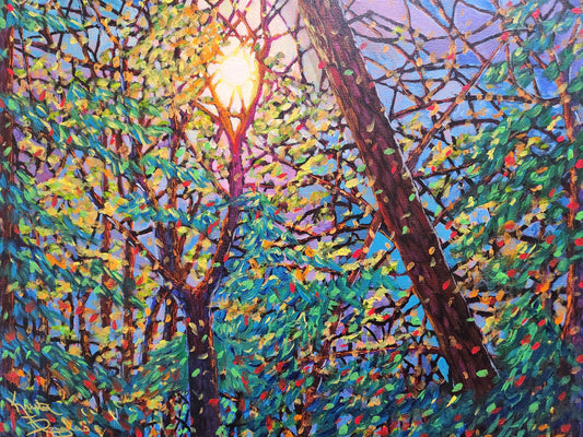 "Stained Glass and Confetti, Eno River Woods"; 18"x14"x1.5"
