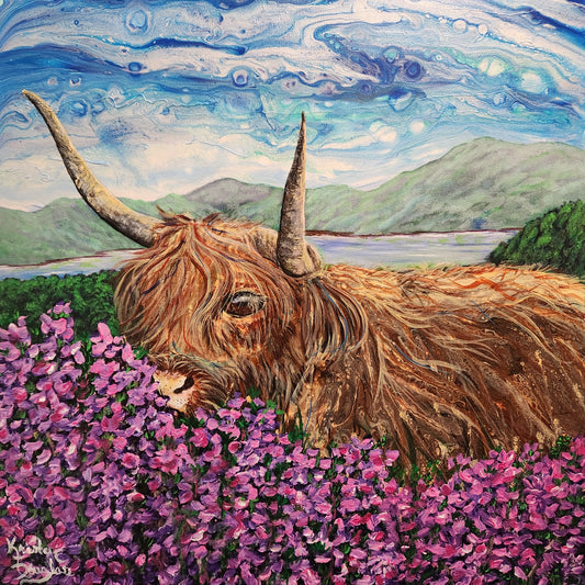 Highland Cow in a Field of Heather on Canvas, 20"x20"
