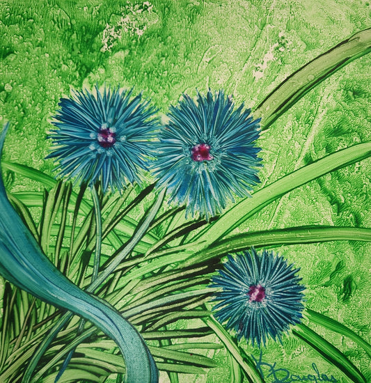 Alien Flowers in Blue on Canvas, 12"x12"