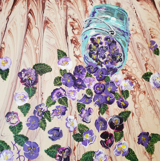 Mason Jar with Violets on Canvas, 14"x14"